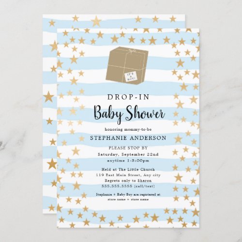 Blue Stripe  Gold Star DROP_IN Boy Baby Shower Invitation