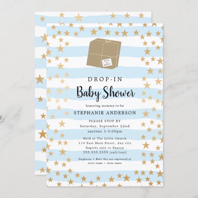 Blue Stripe + Gold Star DROP-IN Boy Baby Shower Invitation (Front/Back)