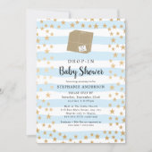 Blue Stripe + Gold Star DROP-IN Boy Baby Shower Invitation (Front)