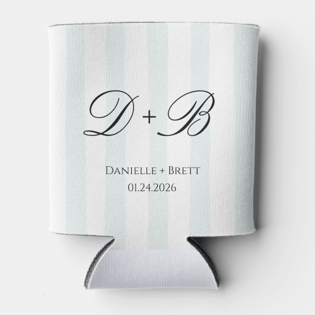 Blue Stripe Initial Monogram Wedding Favor  Can Cooler (Front)