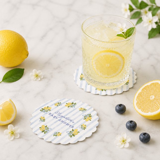 Blue Stripe Lemon Baby Shower Paper Coaster (Blue Stripe Lemon Baby Shower Paper Coaster)