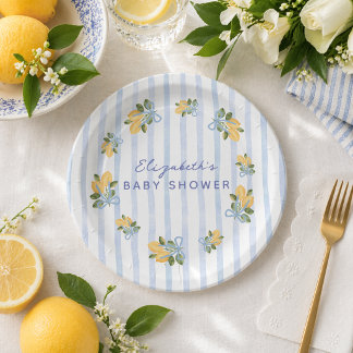 Blue Stripe Lemon Baby Shower Paper Plates