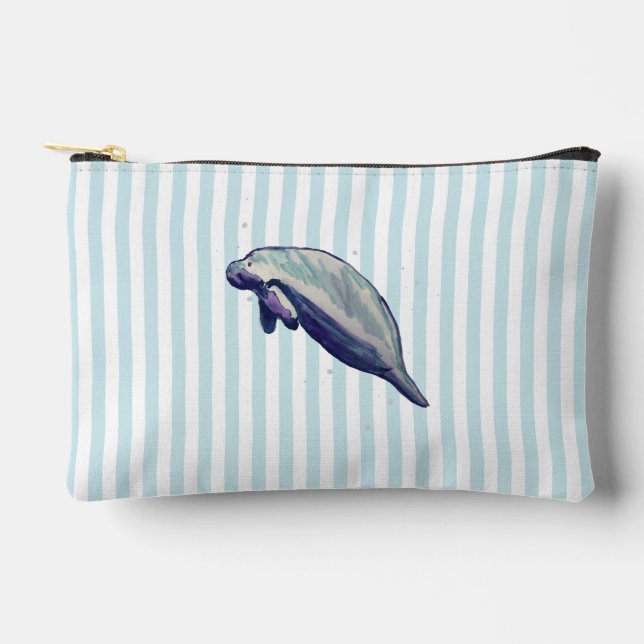 Blue Stripe Manatee Coastal Makeup Accessory Pouch (Front)