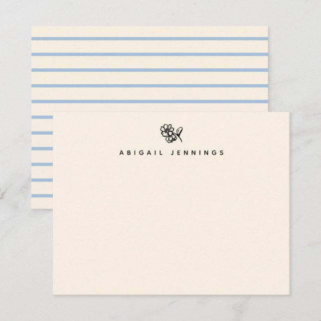 Blue Stripe Minimalist Flower Cream Note Card (Front/Back)