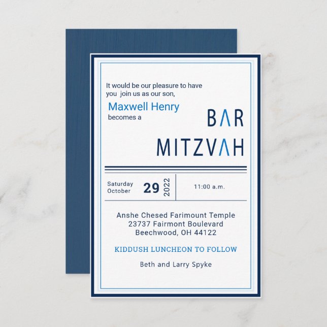 Blue Stripe Modern Bar Mitzvah Invitation (Front/Back)