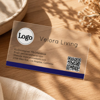 Blue Stripe Modern Professional Logo QR Code Clear Business Cards