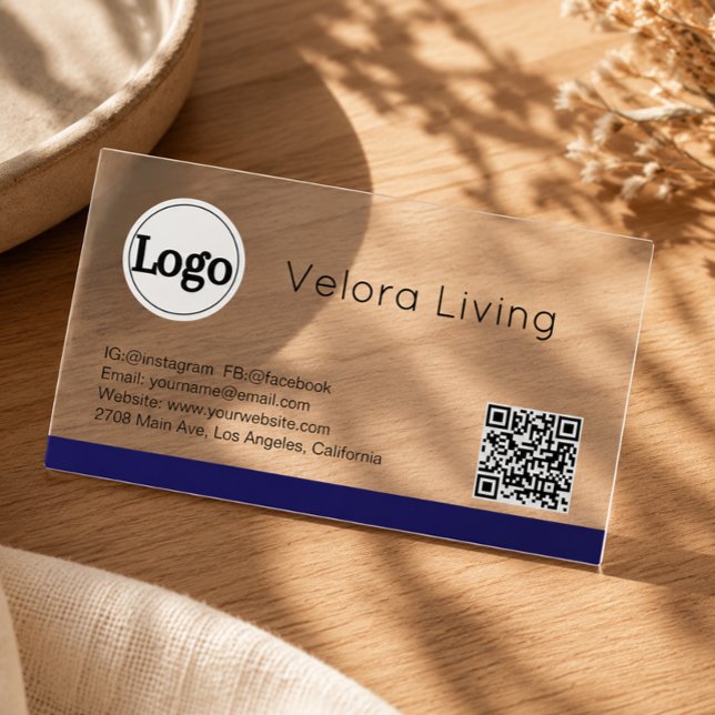 Blue Stripe Modern Professional Logo QR Code Clear Business Cards (Creator Uploaded)
