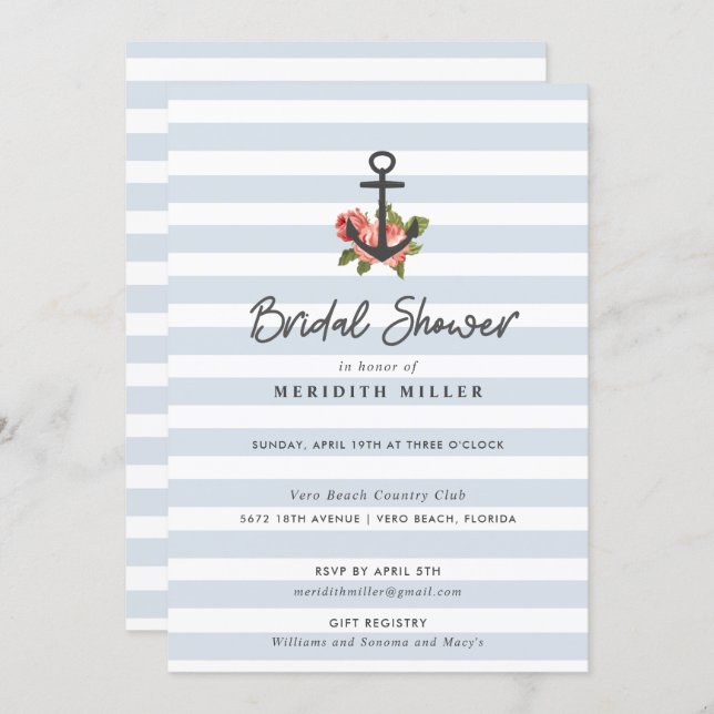Blue Stripe Nautical Anchor Bridal Shower Party Invitation (Front/Back)