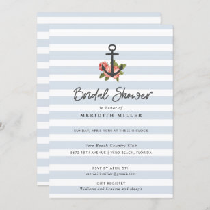 Blue Stripe Nautical Anchor Bridal Shower Party Invitation