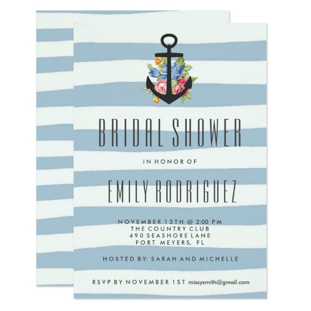 Blue Stripe Nautical Rose Bridal Shower Invitation