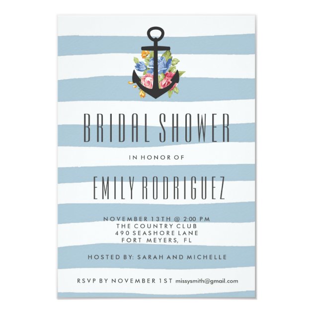 Blue Stripe Nautical Rose Bridal Shower Invitation
