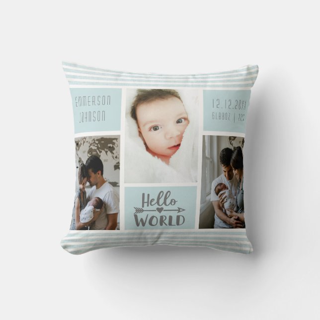 Blue Stripe Photo Collage Baby Boy Birth Stats Throw Pillow (Front)