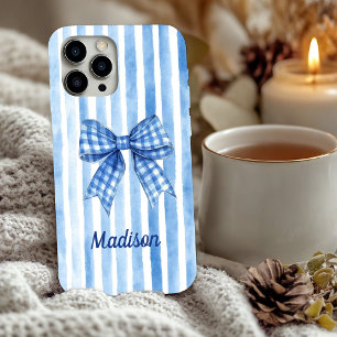 Blue stripe plaid coquette bow toile monogram iPhone 16 pro case