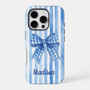 Blue stripe plaid coquette bow toile monogram iPhone 16 pro case