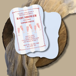 Blue Stripe Red Border Brunch & Bubbly Baby Shower Invitation