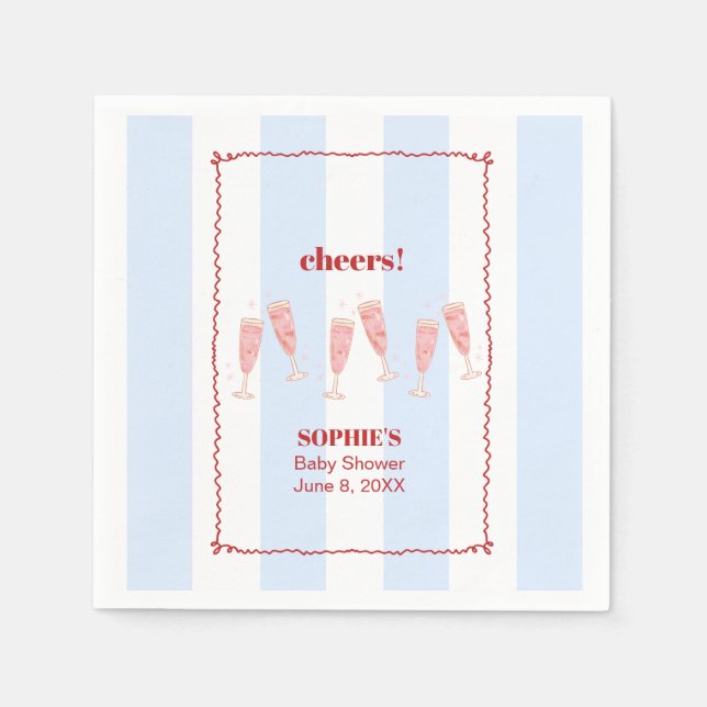 Blue Stripe Red Border Brunch & Bubbly Baby Shower Napkins (Front)