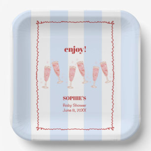 Blue Stripe Red Border Brunch & Bubbly Baby Shower Paper Plates