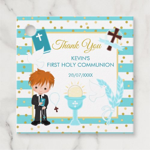 Blue Stripe Red Hair Boy First Holy Communion Favor Tags