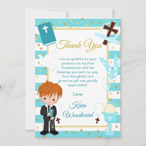 Blue Stripe Red Hair Boy First Holy Communion Thank You Card