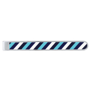 Blue Stripe Silver Finish Tie Clip