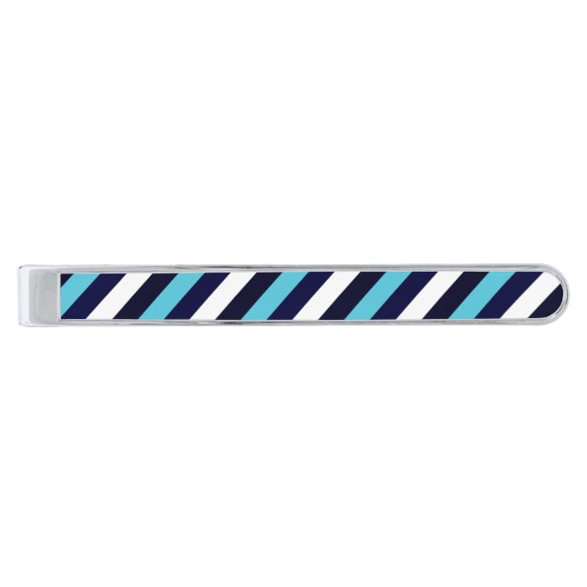 Blue Stripe Silver Finish Tie Clip (Front)