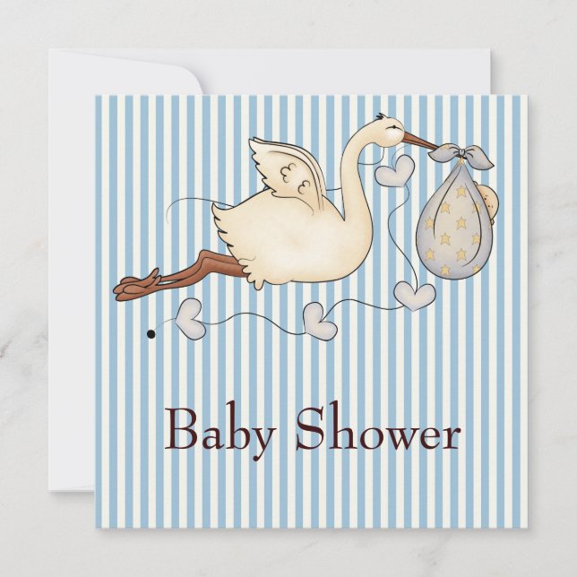 Blue Stripe Stork Baby Boy Shower Invitation (Front)