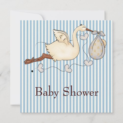 Blue Stripe Stork Baby Boy Shower Invitation