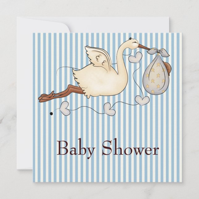 Blue Stripe Stork Baby Boy Shower Invitation (Front)