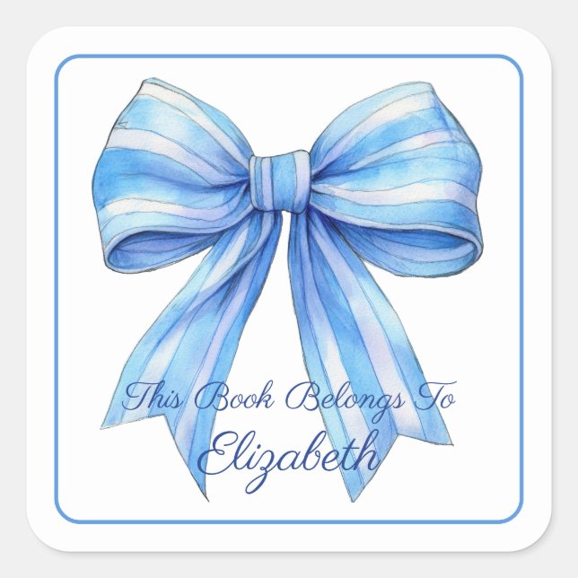 Blue Stripe Watercolor Bow Personalized Bookplate (Front)