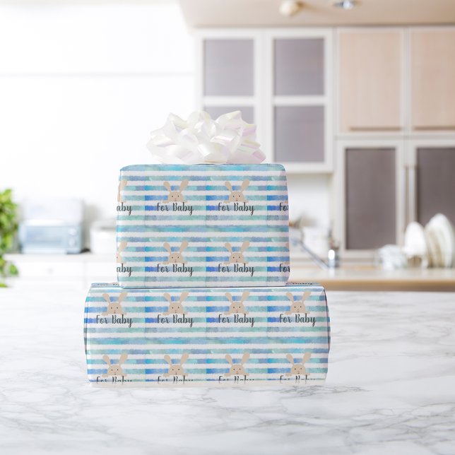 Blue Stripe Watercolor Bunny For Baby Wrapping Paper (Creator Uploaded)