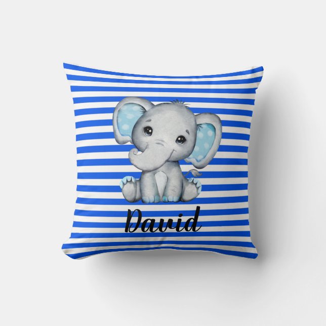 Blue Stripe with Elephant   Throw Pillow (Front)