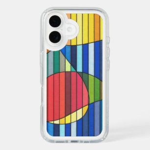 Blue Striped Abstract with Red and Yellow Shapes iPhone 16 Case