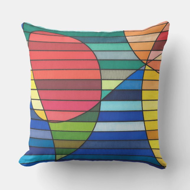 Blue Striped Abstract with Red and Yellow Shapes Throw Pillow (Front)