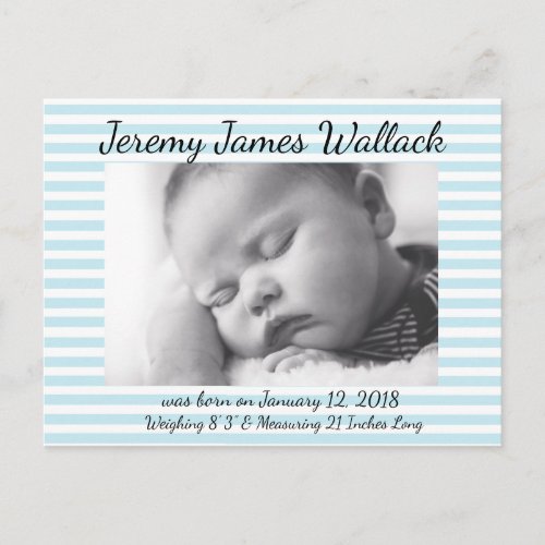Blue Striped Baby Boy Birthday Annoucnements Postcard