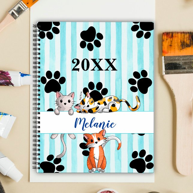 Blue striped background kittens & paws customized planner (Creator Uploaded)