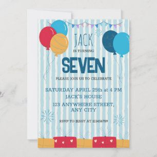 Blue Striped Balloon Kids Birthday Invitation Card