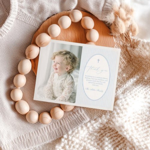 Blue Striped Baptism Flat Thank You Card