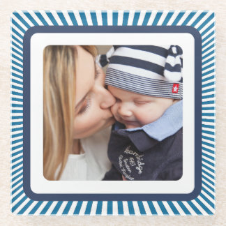 Blue Striped Border Custom Photo Personalised Glass Coaster