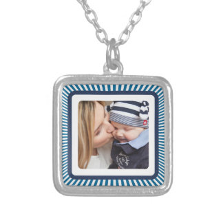 Blue Striped Border Custom Photo Personalised Silver Plated Necklace