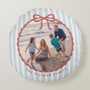 Blue Striped Bow Family Photo Round Pillow
