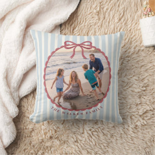 Blue Striped Bow Family Photo Throw Pillow