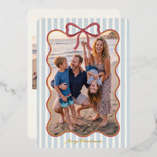 Blue Striped Bow Frame Merry Christmas Photo Foil Holiday Card
