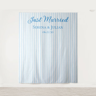 Blue Striped Coastal Just Married Wedding Backdrop