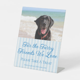 Blue Striped Coastal Photo Dog Treat Wedding Favor Pedestal Sign
