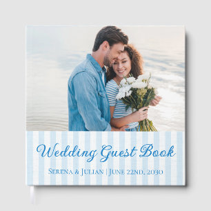 Blue Striped Coastal Photo Wedding Guest Book