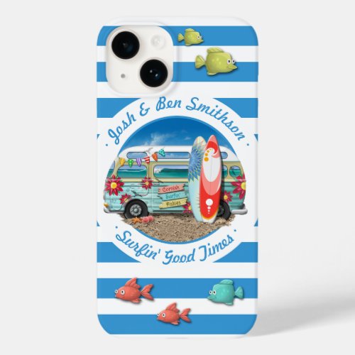 Blue Striped Cornish Beach Surfer Camper Van Case_Mate iPhone 14 Case