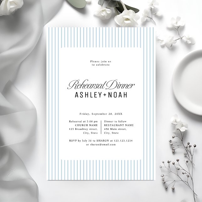 Blue Striped Elegance Classy Rehearsal Dinner Invitation (Blue Striped Elegance Classy Rehearsal Dinner Invitation)