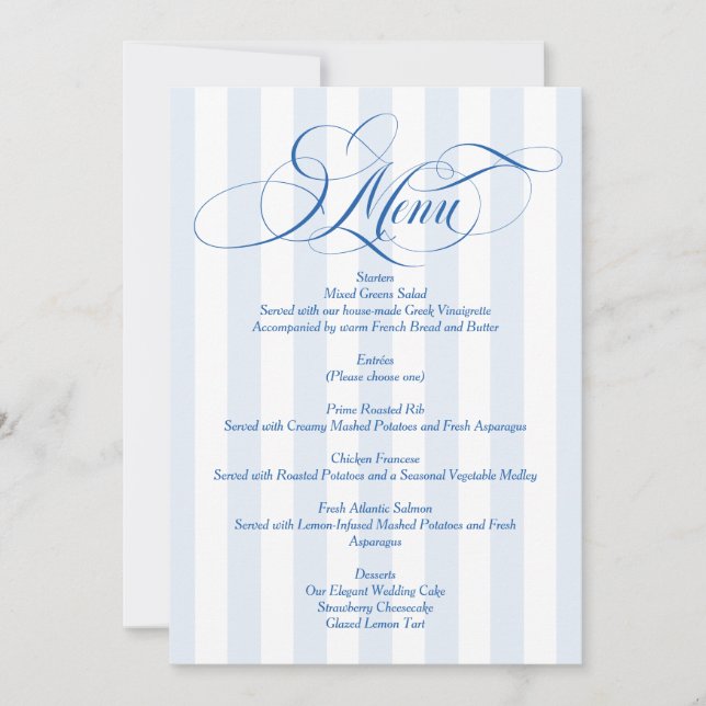 Blue Striped Elegant Script Wedding Menu Invitation (Front)