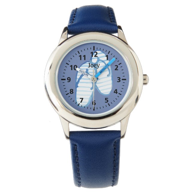 Blue Striped Flip Flops on Blue Personalized Watch (Front)