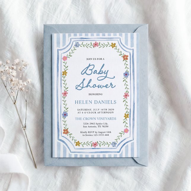Blue Striped Floral Baby Shower Invitation (Creator Uploaded)